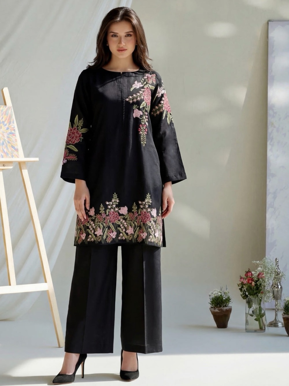 Pakistani Outfit Black Floral Embroidered Women’s co-ord set w plazo and shirt